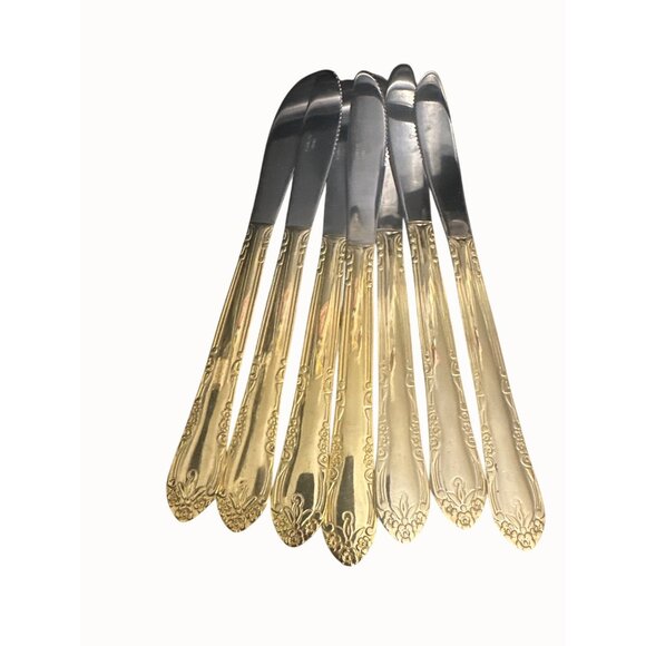Set Of 7 Gold & Silver Stainless Steel Butter Knives Floral Design - Picture 4 of 4